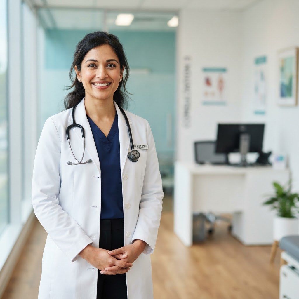 A smiling healthcare professional in a bright, modern clinic